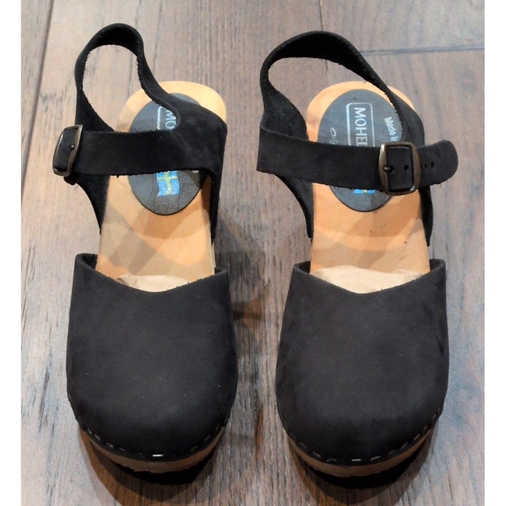 Moheda Dolly Sandals Women's 38 7.5 Black Leather Wooden Buckle Swedish Chic